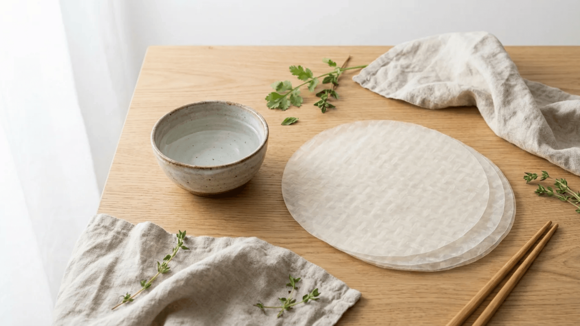 rice paper nutrition thin rice paper sheets with bowl herbs chopsticks on wooden table