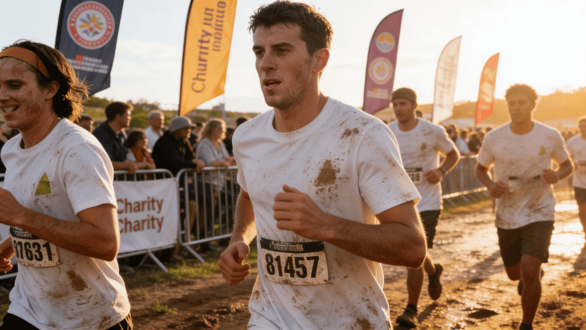 runners covered in mud jogging past crowd barriers during outdoor charity race with flags and sunlight in background (1)