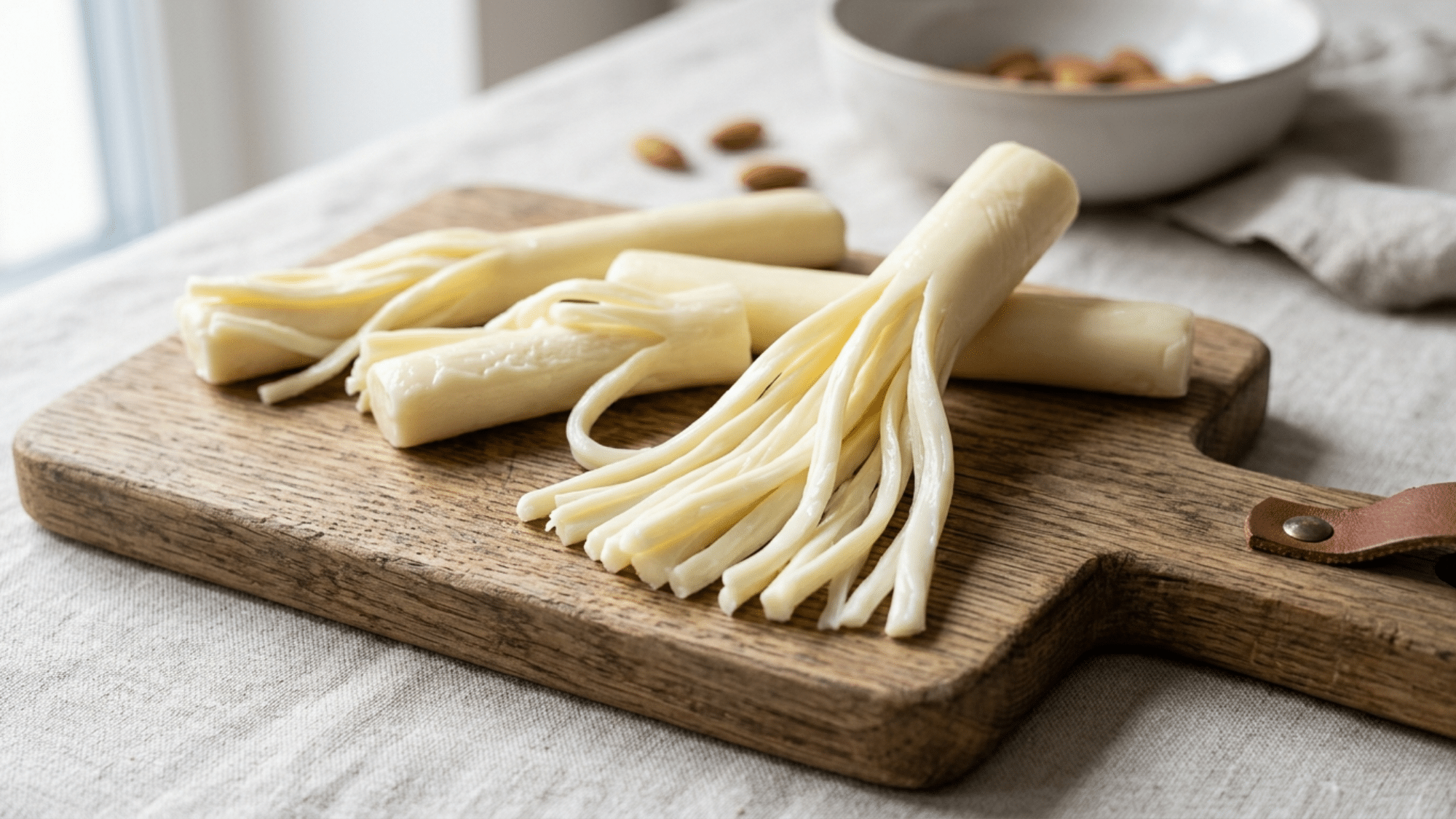 string cheese sticks peeled into strands on a board perfect for high protein snacks weight loss and quick bites