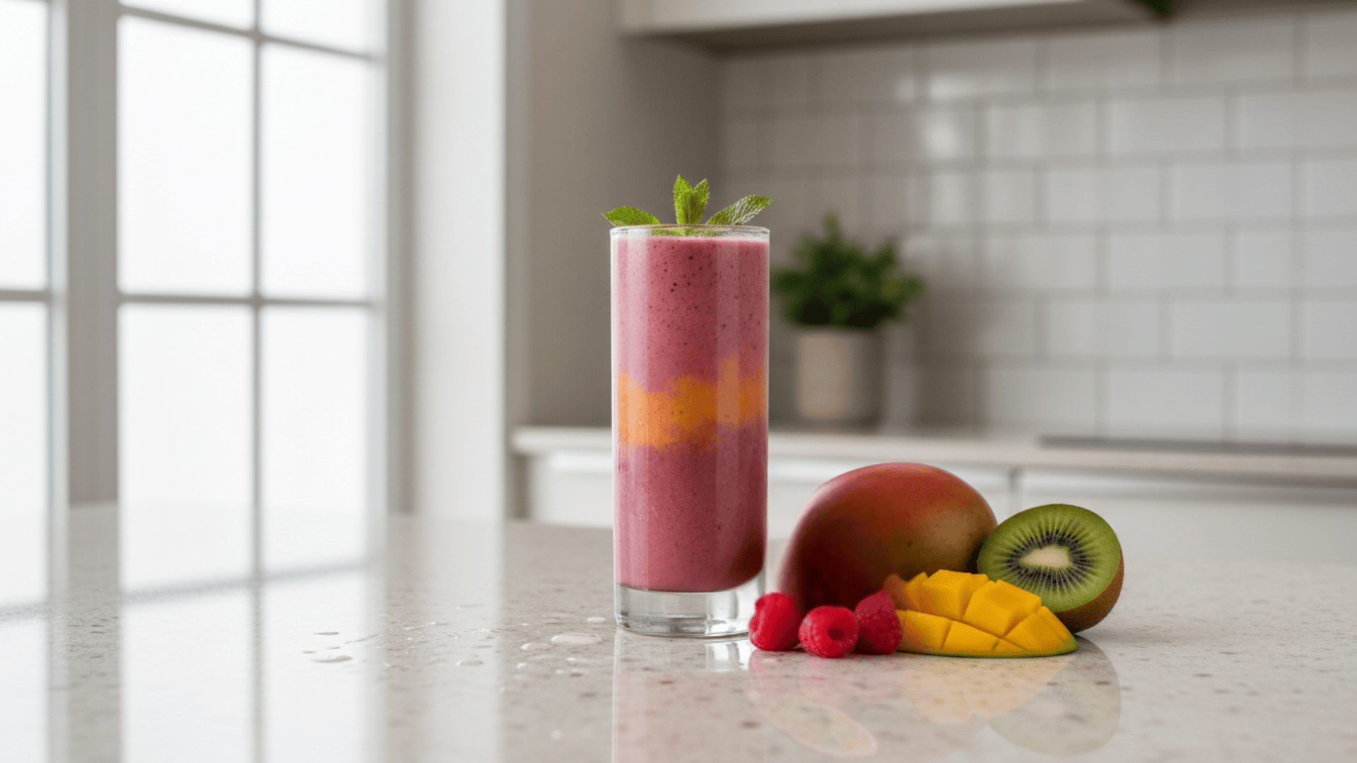 tall glass of layered fruit smoothie with mint garnish beside mango kiwi passionfruit and raspberries on kitchen counter