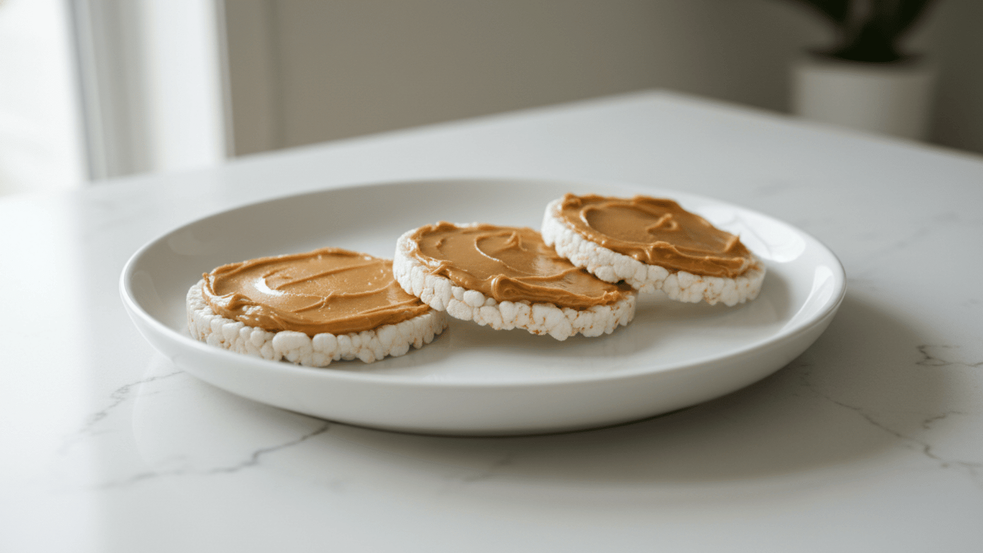three rice cakes spread with peanut butter on white plate on countertop in soft natural kitchen light