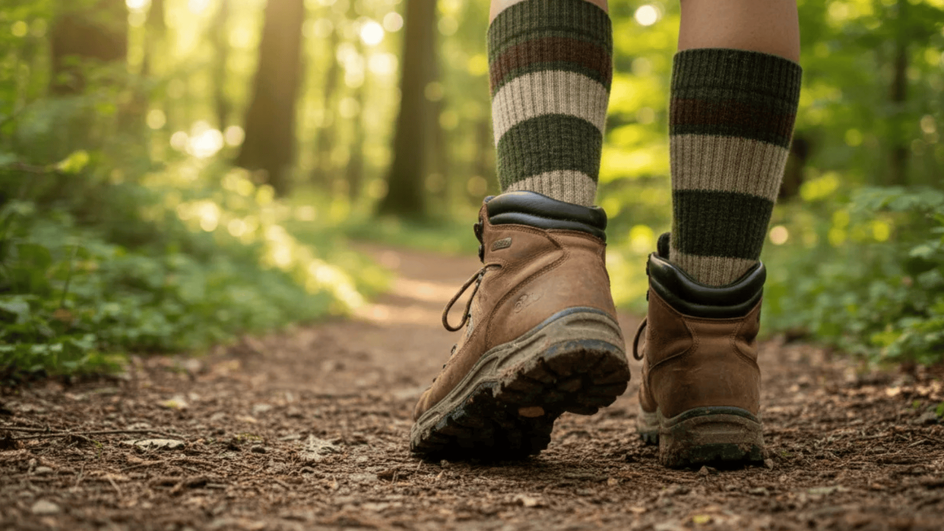 top hiking socks comfort fit durability person wearing striped wool socks and hiking boots walking on forest trail with sunlight filtering through trees
