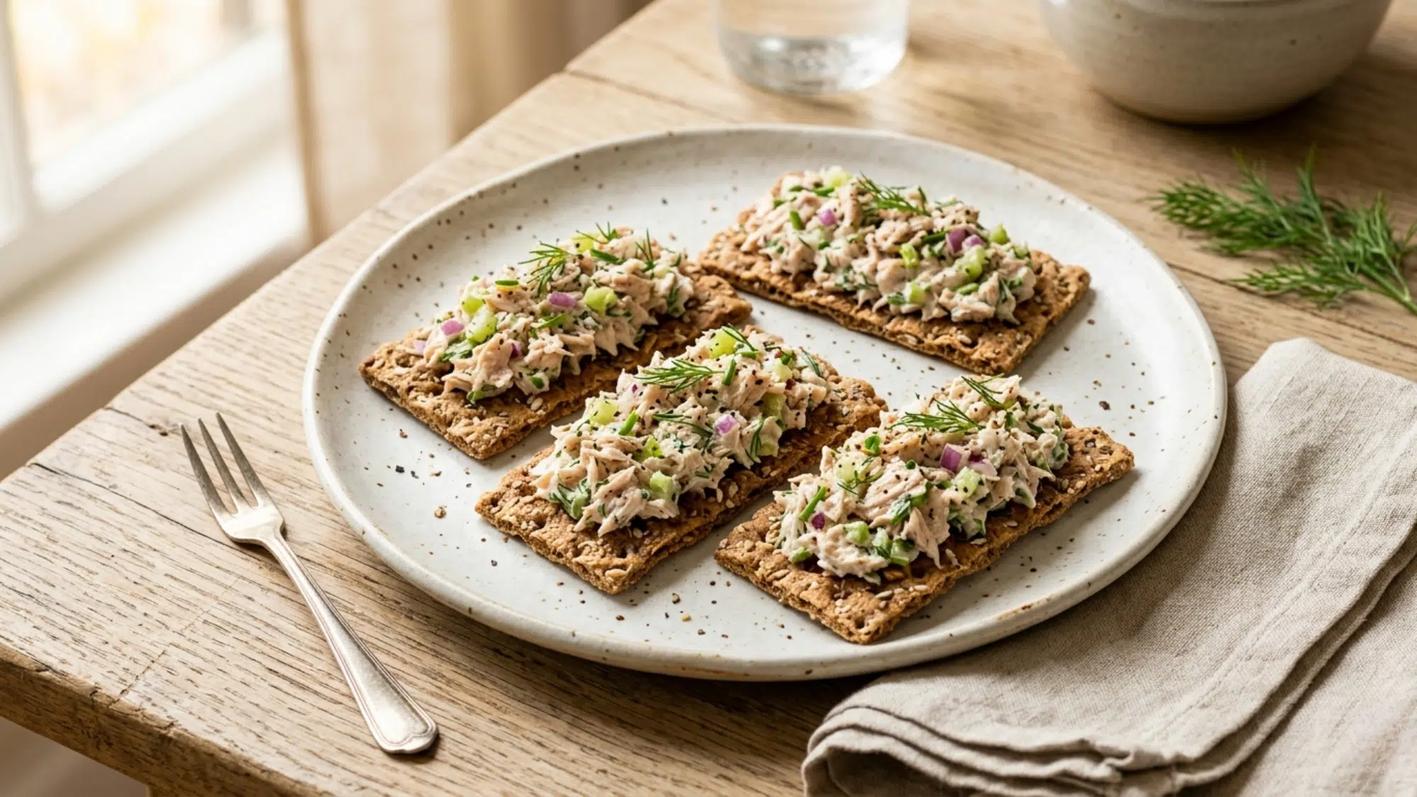 tuna salad on whole grain crackers a great option for high protein snacks weight loss and light meals