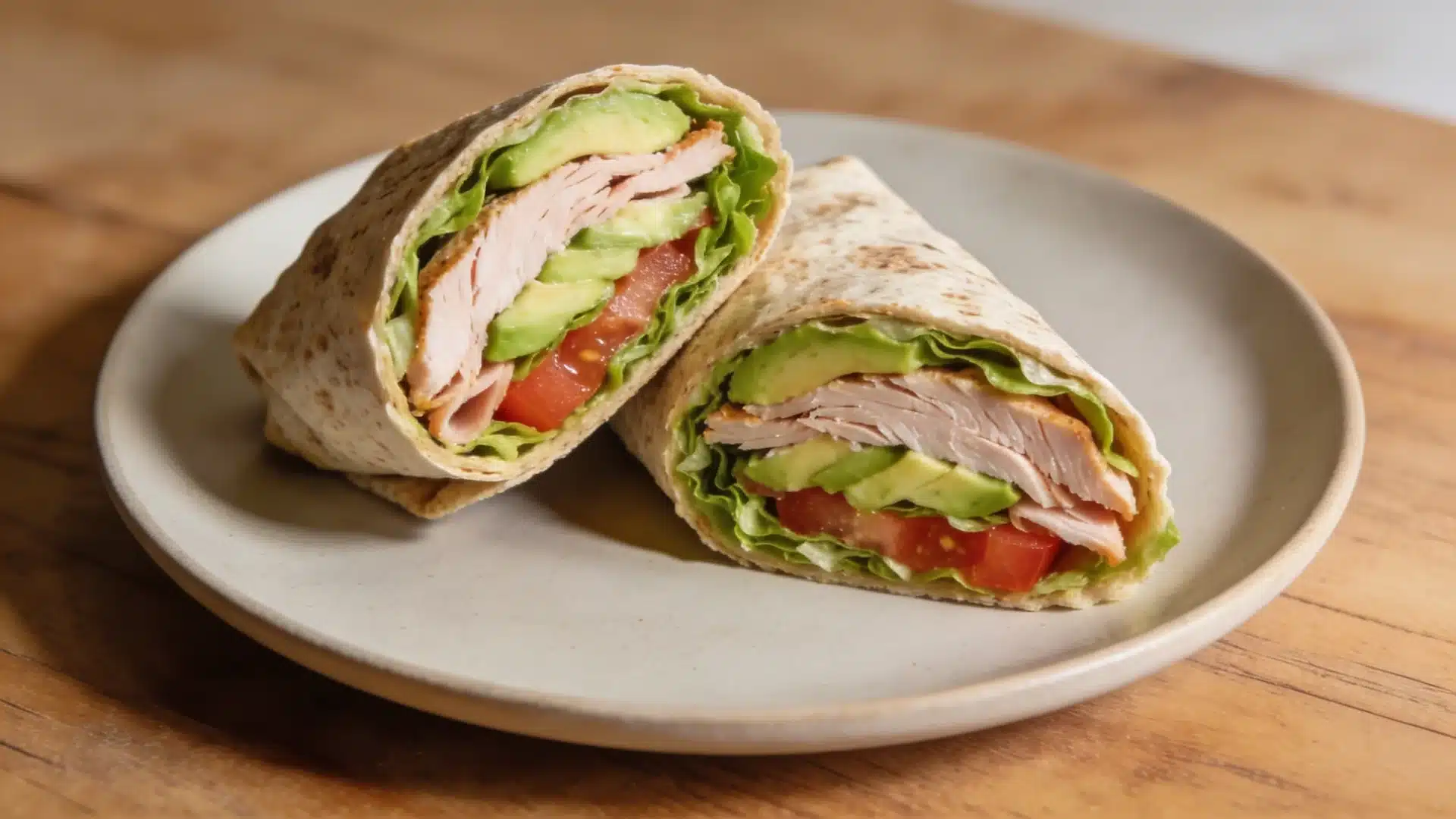 turkey and avocado wrap cut in half perfect for high protein snacks weight loss and healthy meals