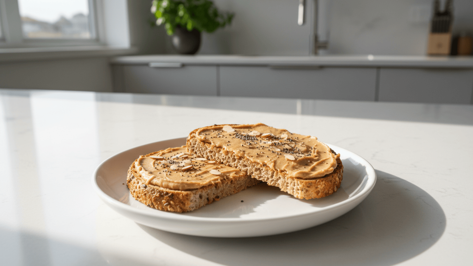 two slices of bread spread with peanut butter and seeds on white plate on kitchen counter in soft natural light