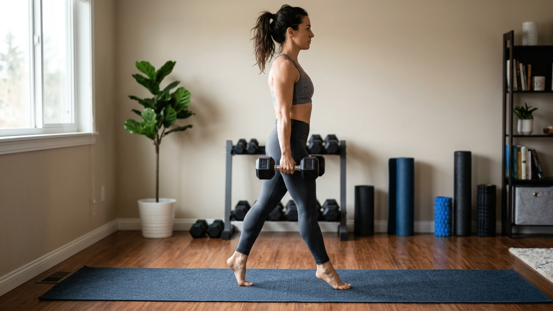 walking on toes while holding dumbbells at sides performing farmers walk exercise in home workout