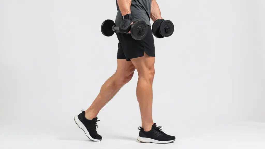 walking forward holding dumbbells at sides while raising onto toes performing calf exercise at home