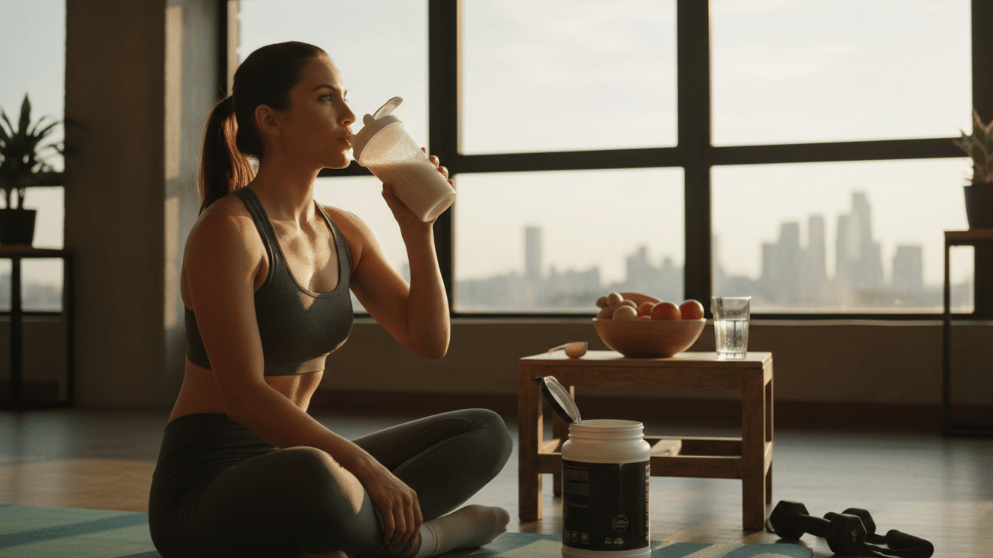 woman drinking protein shake after workout sitting on mat at home does protein powder make you gain weight