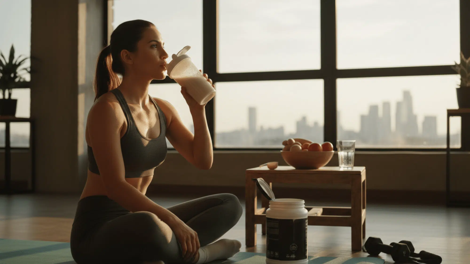 woman drinking protein shake after workout sitting on mat at home does protein powder make you gain weight