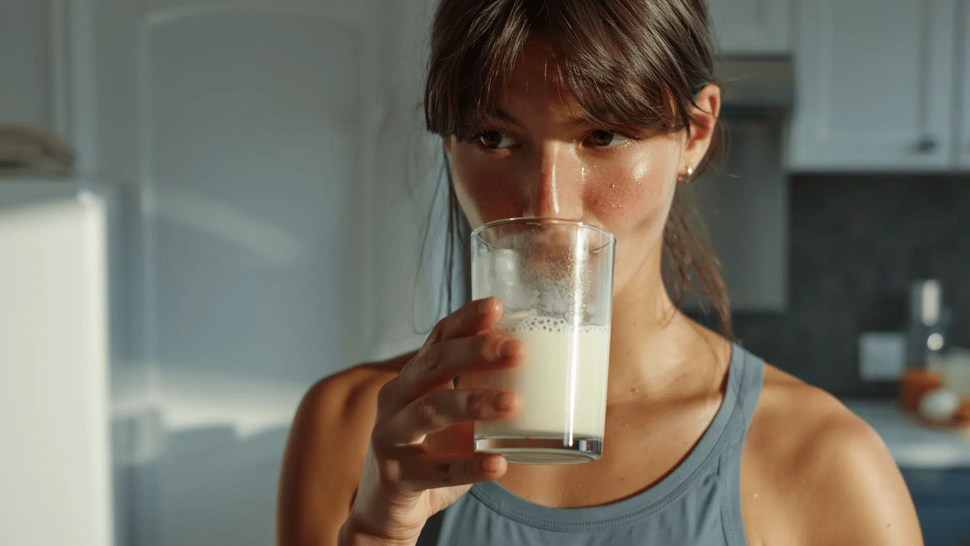 woman drinking protein shake comparing protein powder and whole foods for diet balance