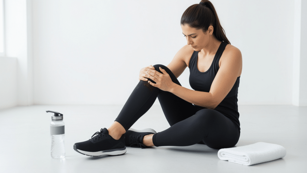 woman sitting on floor holding her knee with sore muscles after workout