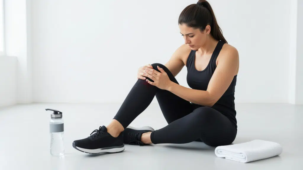 woman sitting on floor holding her knee with sore muscles after workout