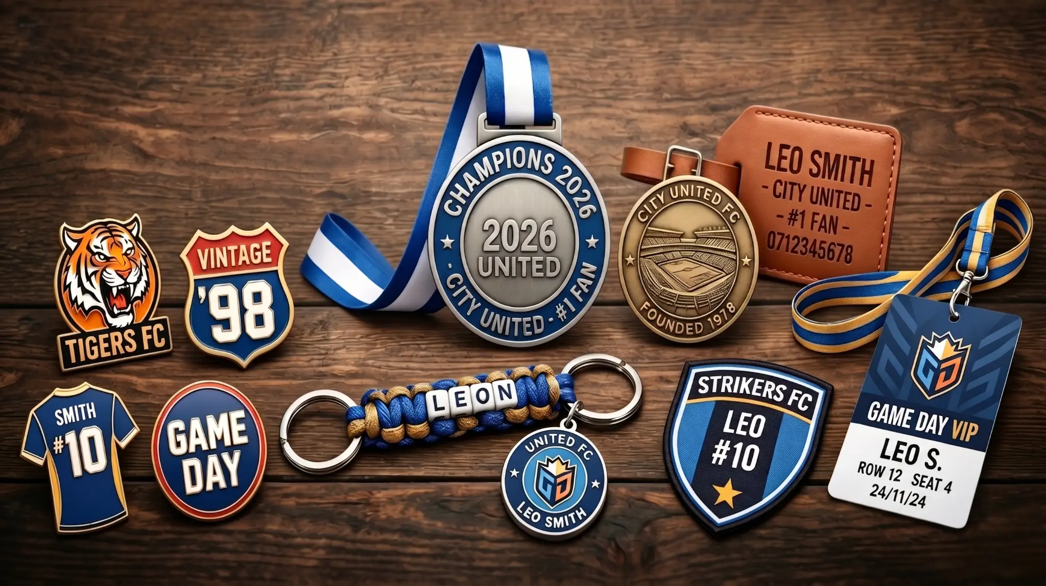 Various sports-themed memorabilia and keychains arranged on wooden surface