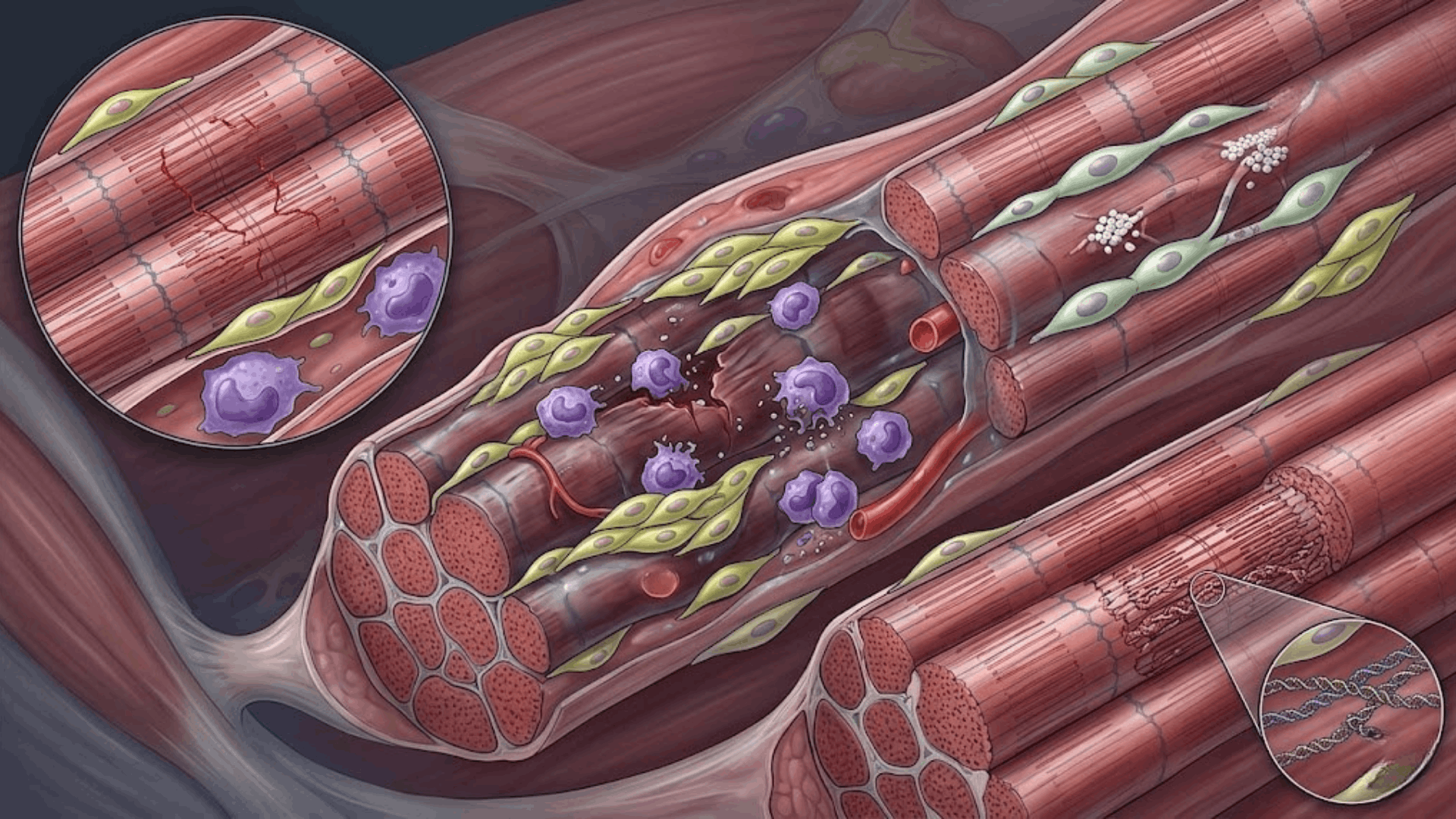 A detailed medical diagram illustrating healthy and damaged muscle tissue with micro-tears and repair.