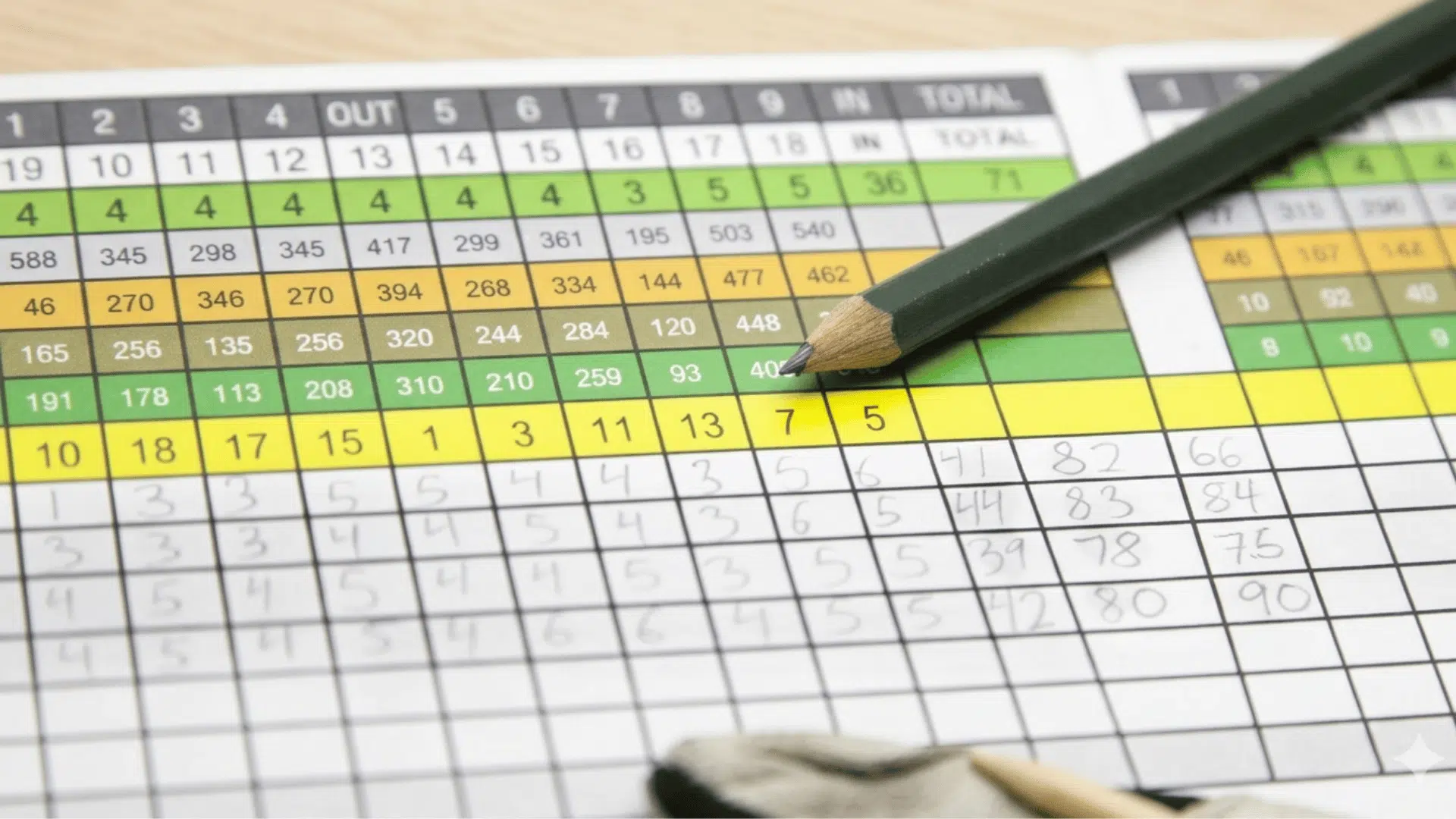 a close-up of a golf scorecard with a green pencil resting on top and scores written in the rows