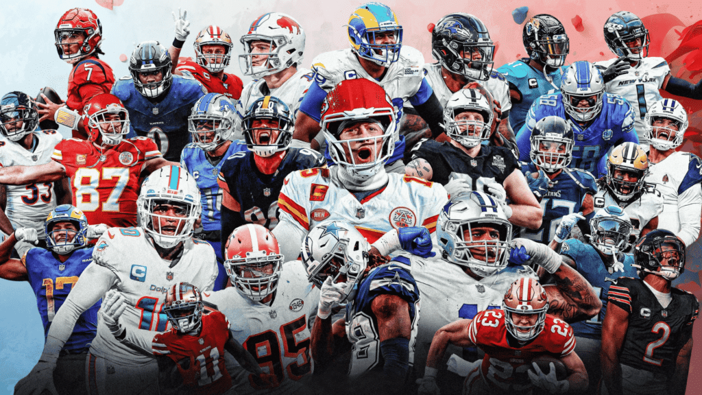 a collage of NFL players from different teams shown in dynamic action poses wearing colourful uniforms