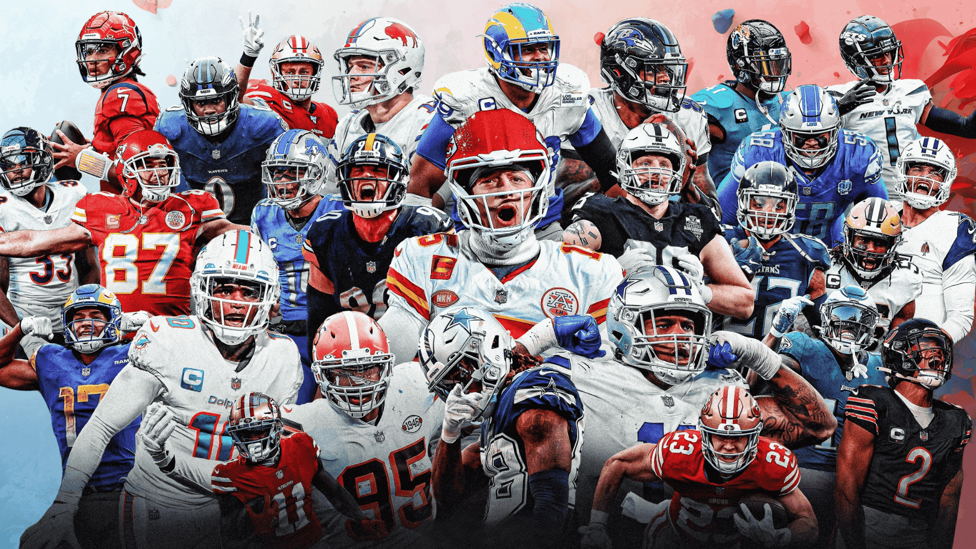 a collage of NFL players from different teams shown in dynamic action poses wearing colourful uniforms