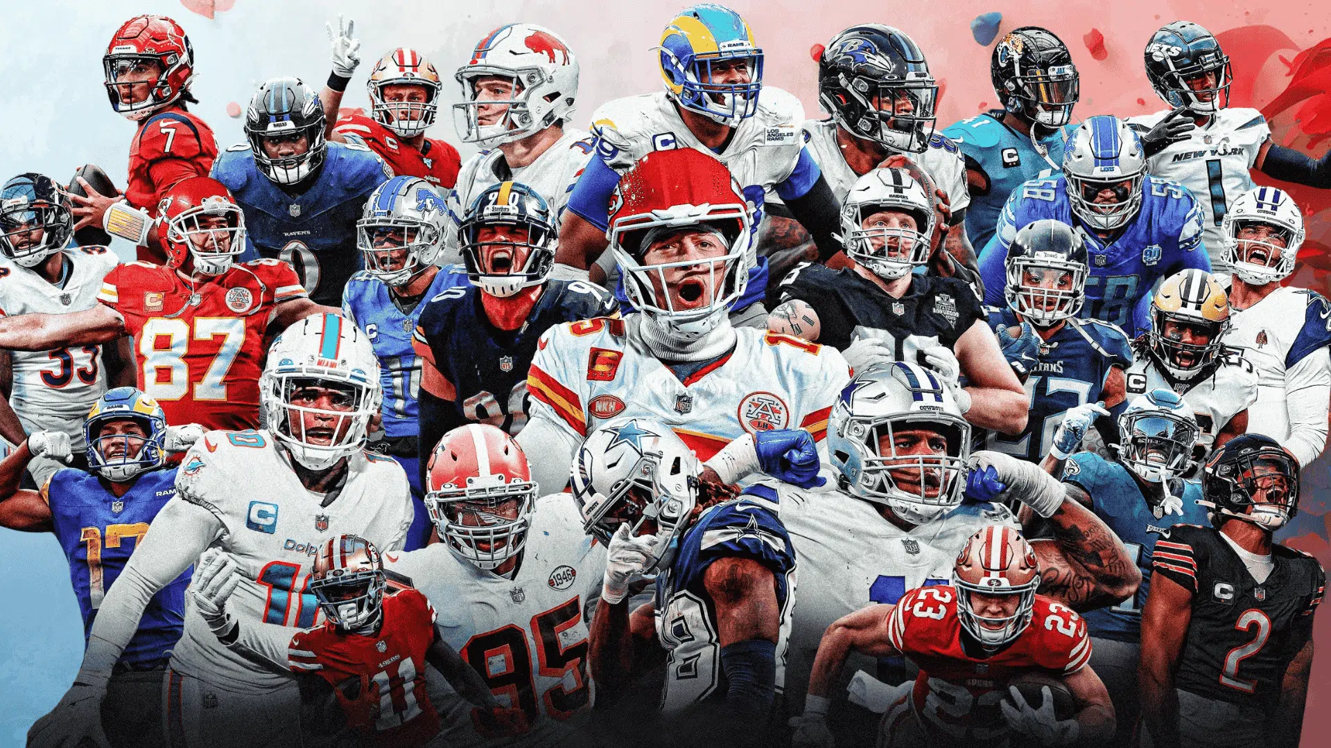 a collage of NFL players from different teams shown in dynamic action poses wearing colourful uniforms