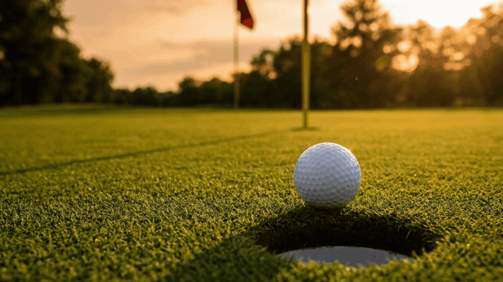 a golf ball resting beside a hole on a putting green with flagsticks and warm sunset light in the background