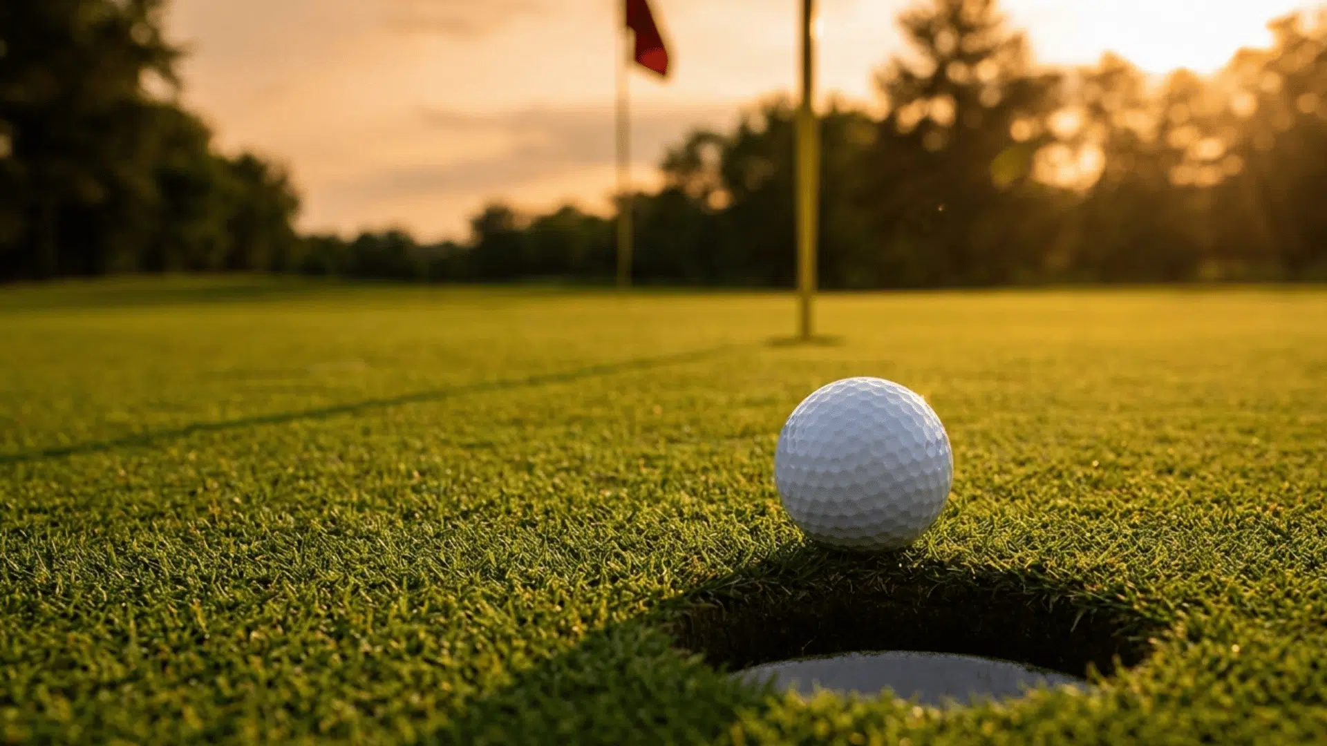 a golf ball resting beside a hole on a putting green with flagsticks and warm sunset light in the background
