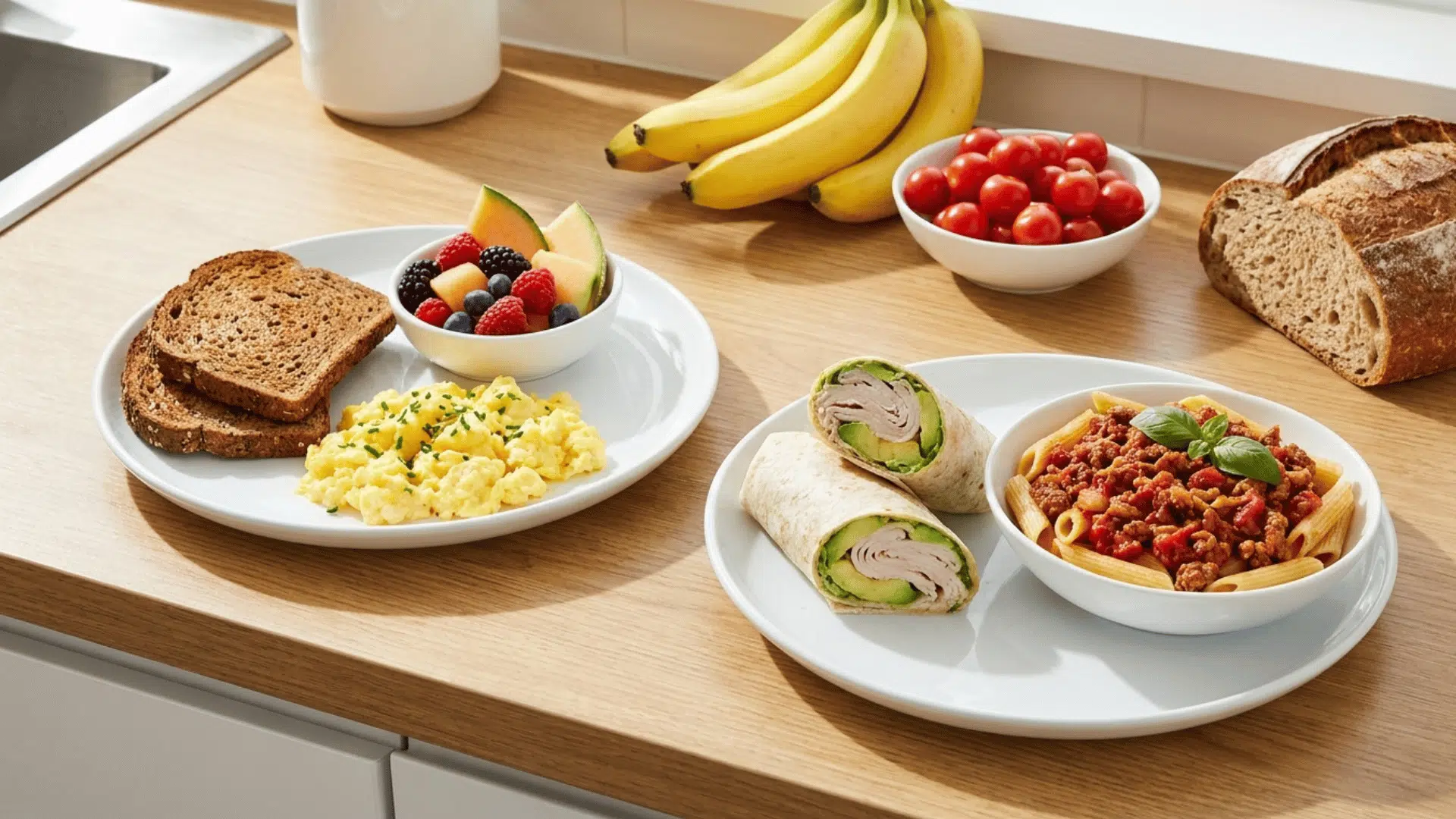 a high angle shot of two plates of food next to fruit tomatoes and bread on a wooden countertop
