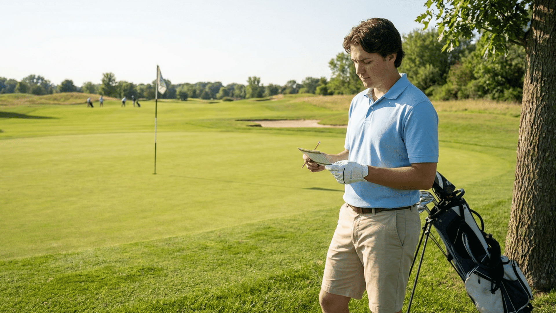 a man standing beside a golf bag writing notes on a golf course near a putting green under sunny skies