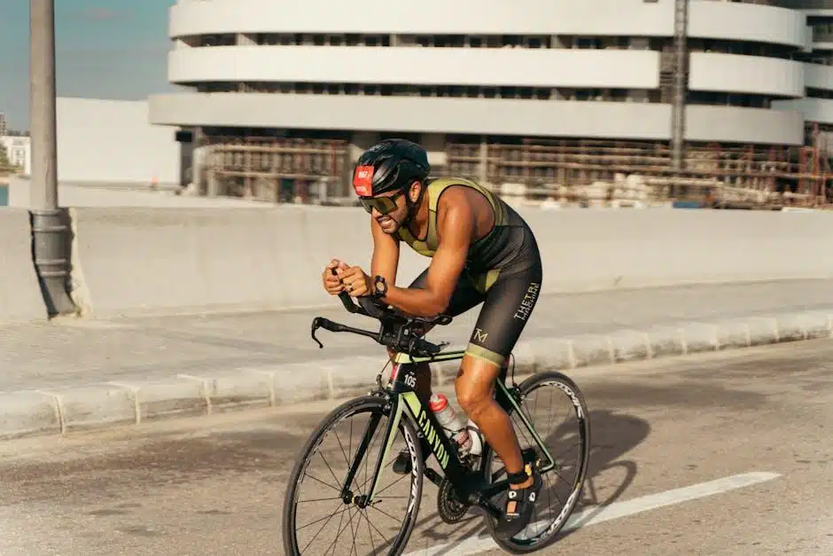 A triathlete riding the bike leg of a competitive race