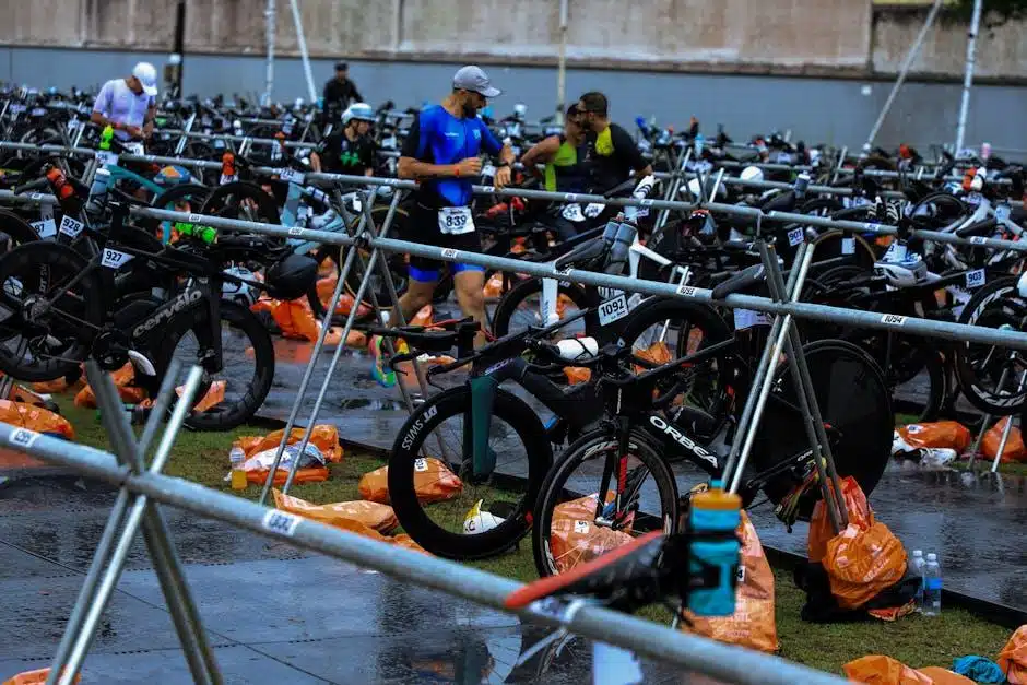 A triathlon transition area with bikes racked before the race