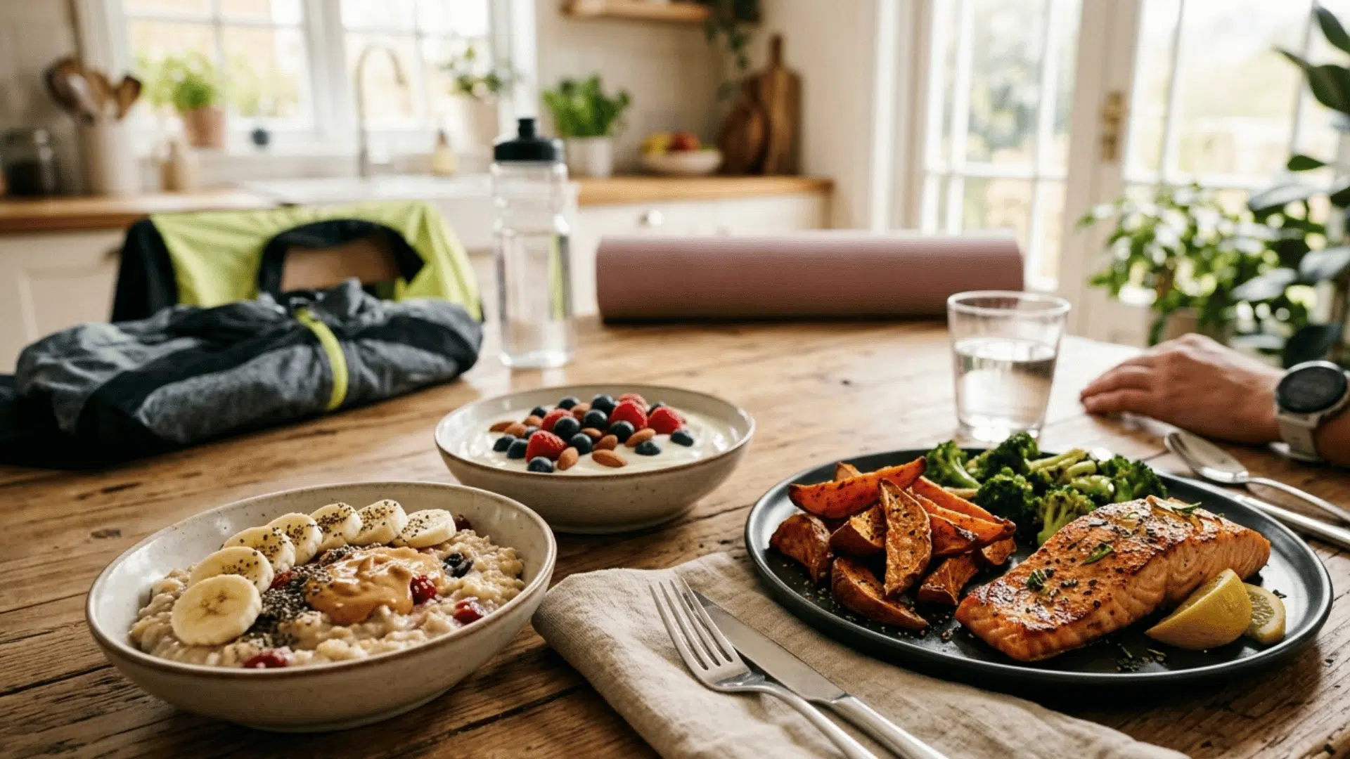 a wooden table with plates of salmon sweet potatoes broccoli oatmeal and yogurt next to a workout mat
