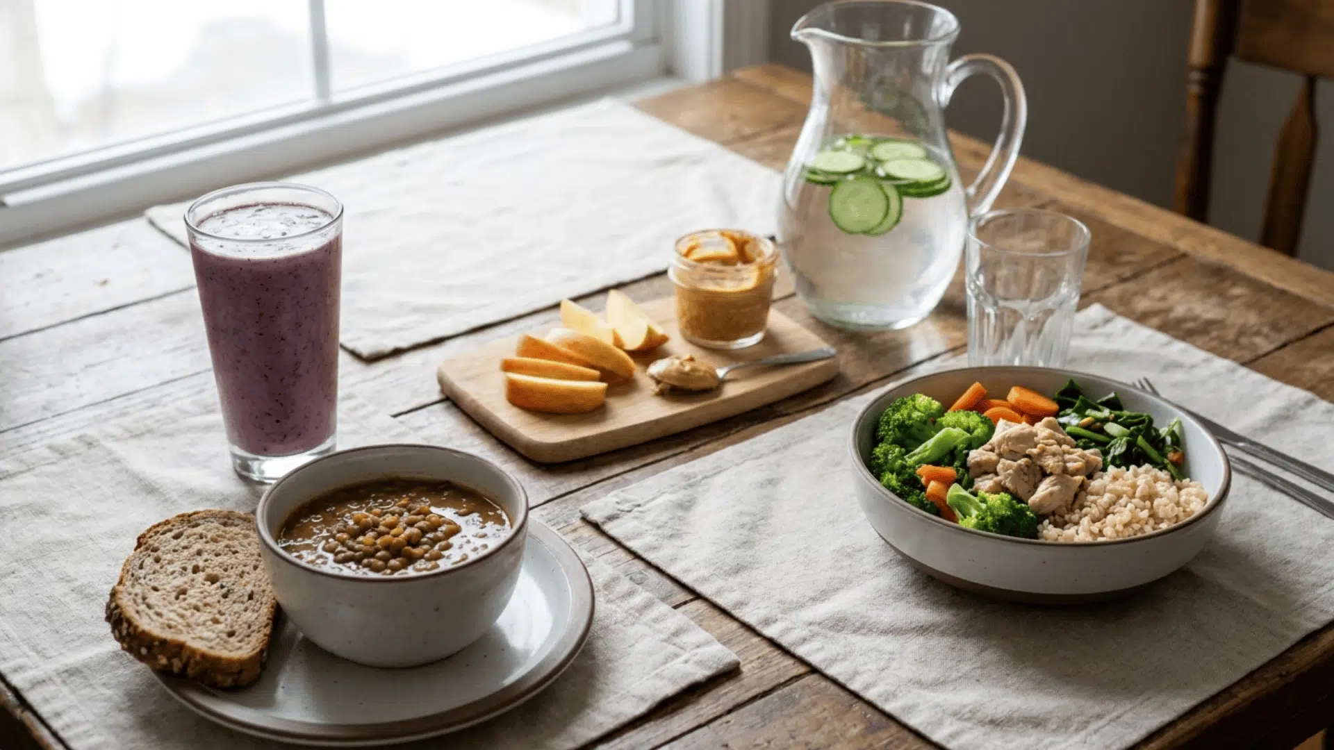 an eye level shot of a table spread with a variety of healthy foods and drinks on a wooden table