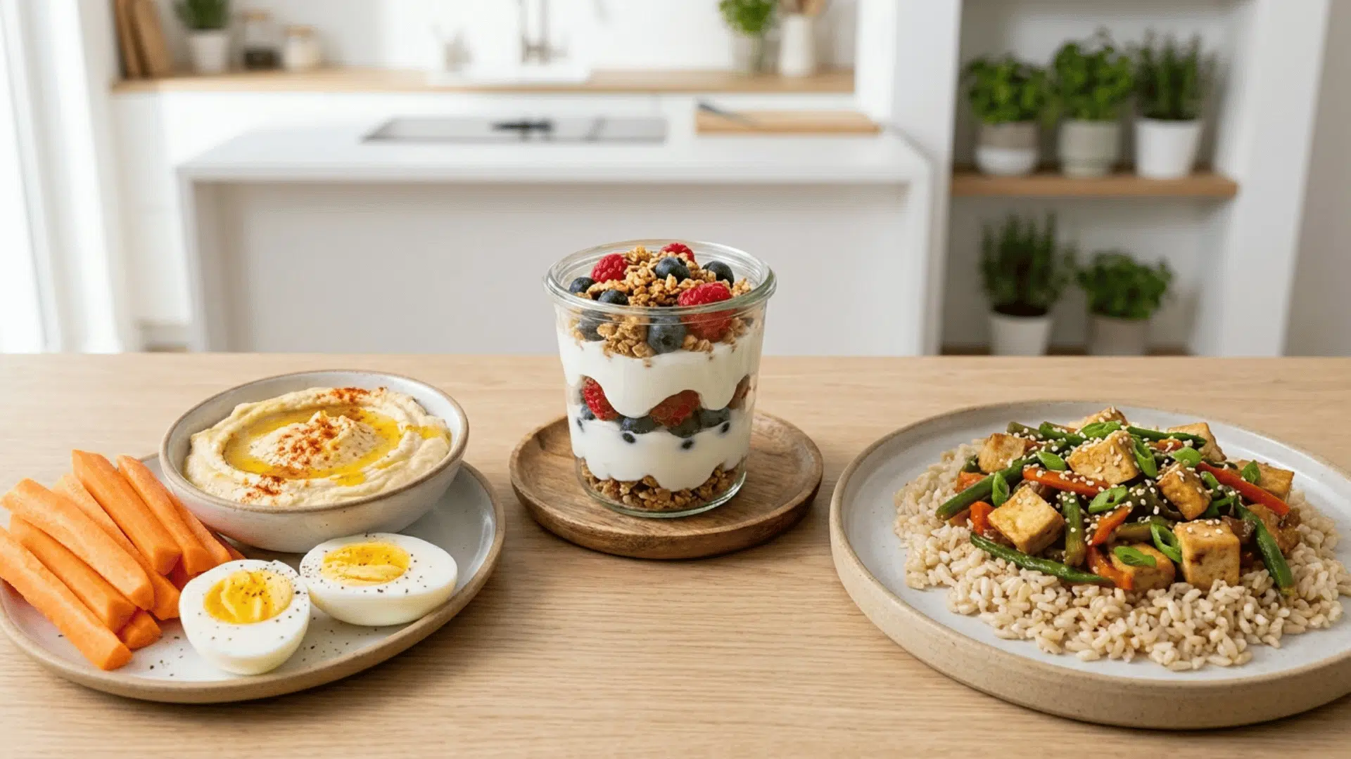 an eye level shot of two plates and a glass jar of food on a wooden counter with a kitchen in the background