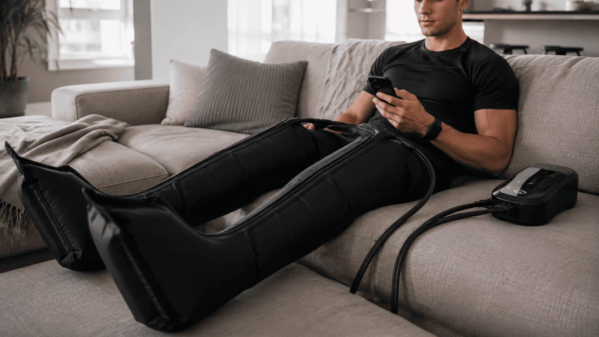 athlete relaxing on a couch while using compression boots for leg recovery after training session