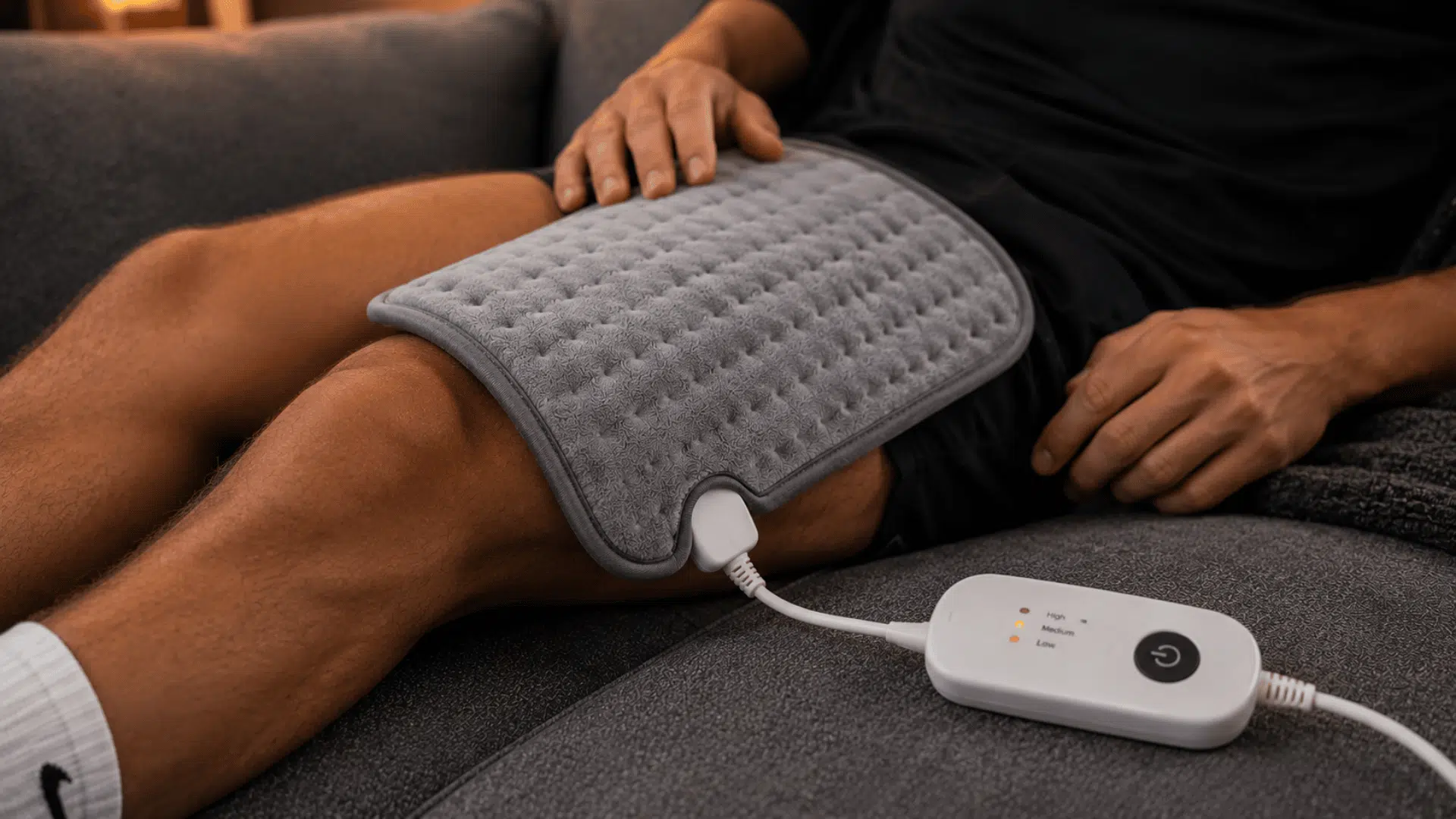 athlete relaxing with a heating pad on leg muscles during a recovery session on a living room couch