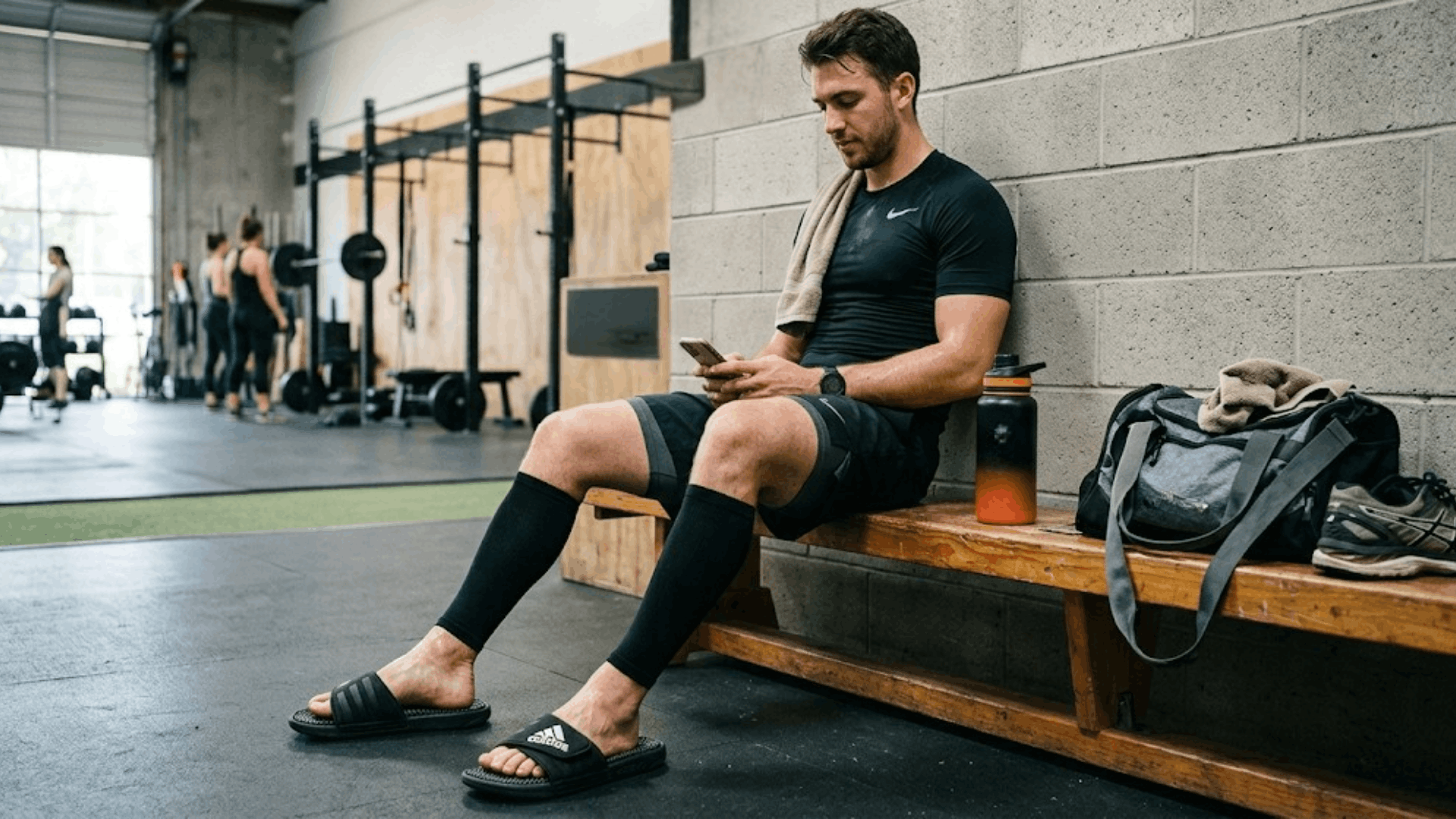 athlete sitting in gym clothes while wearing recovery slides after a workout session