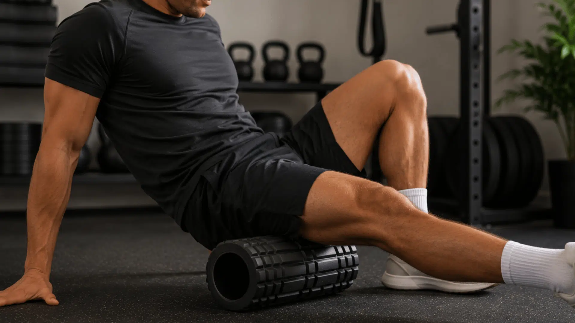 athlete using a foam roller on thigh muscles during a recovery workout session in a modern gym
