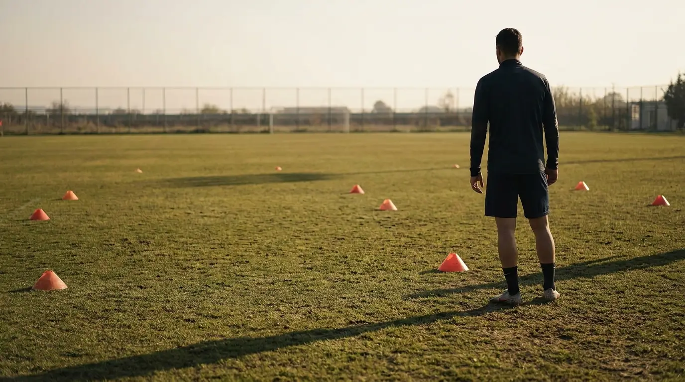 Person standing on grass field with orange cones scattered around in warm sunlight