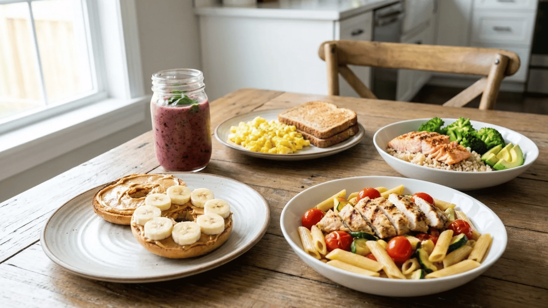 balanced runner meals with smoothie eggs salmon pasta and peanut butter bagel on rustic wooden table