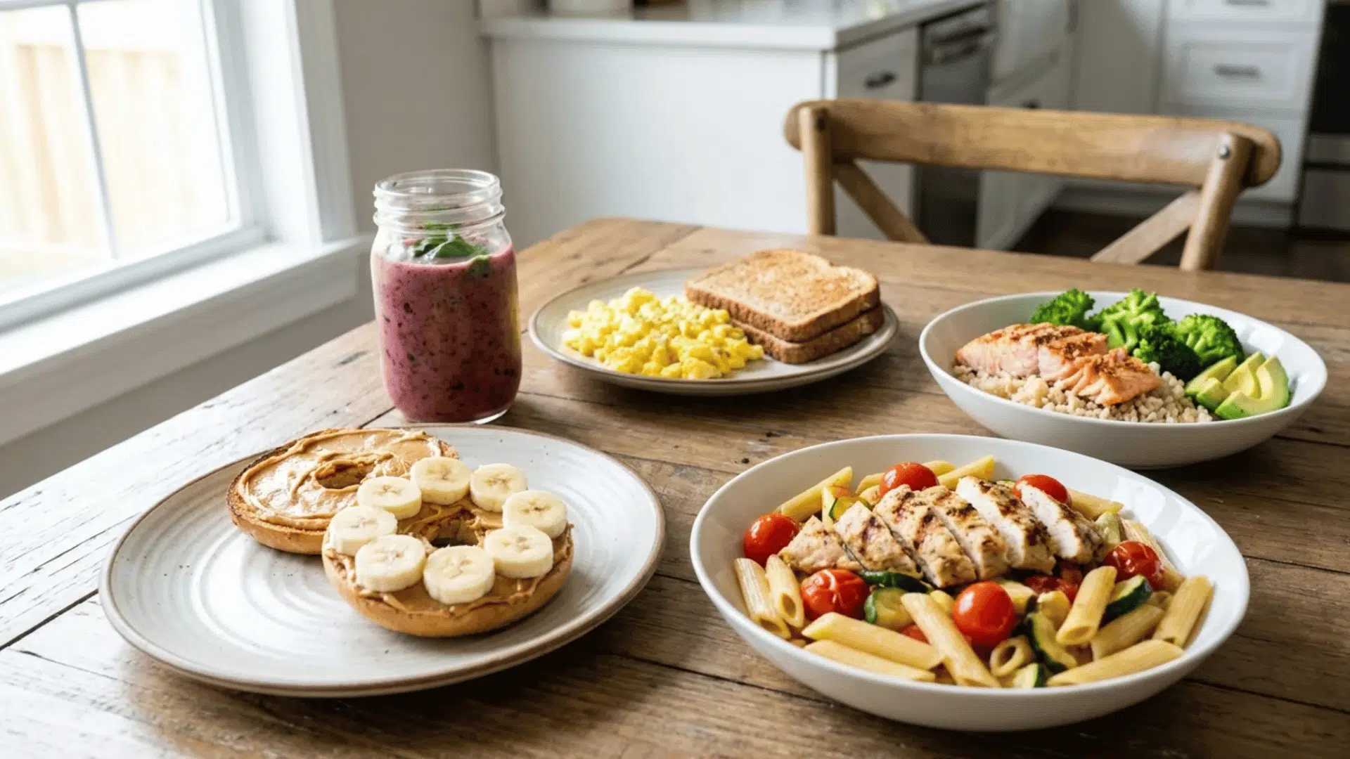 balanced runner meals with smoothie eggs salmon pasta and peanut butter bagel on rustic wooden table
