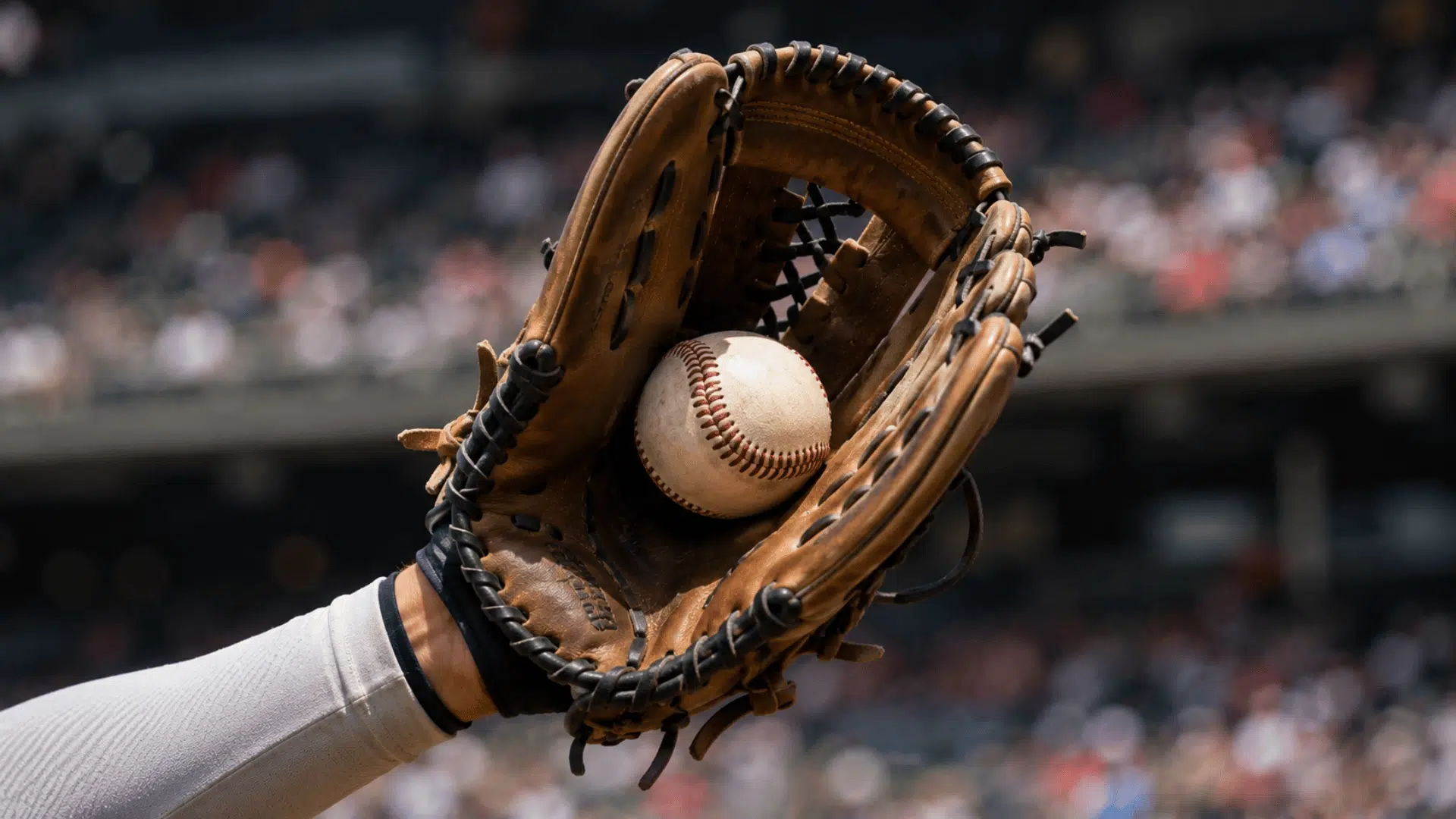 baseball glove catching ball during fast paced game with blurred stadium crowd in background