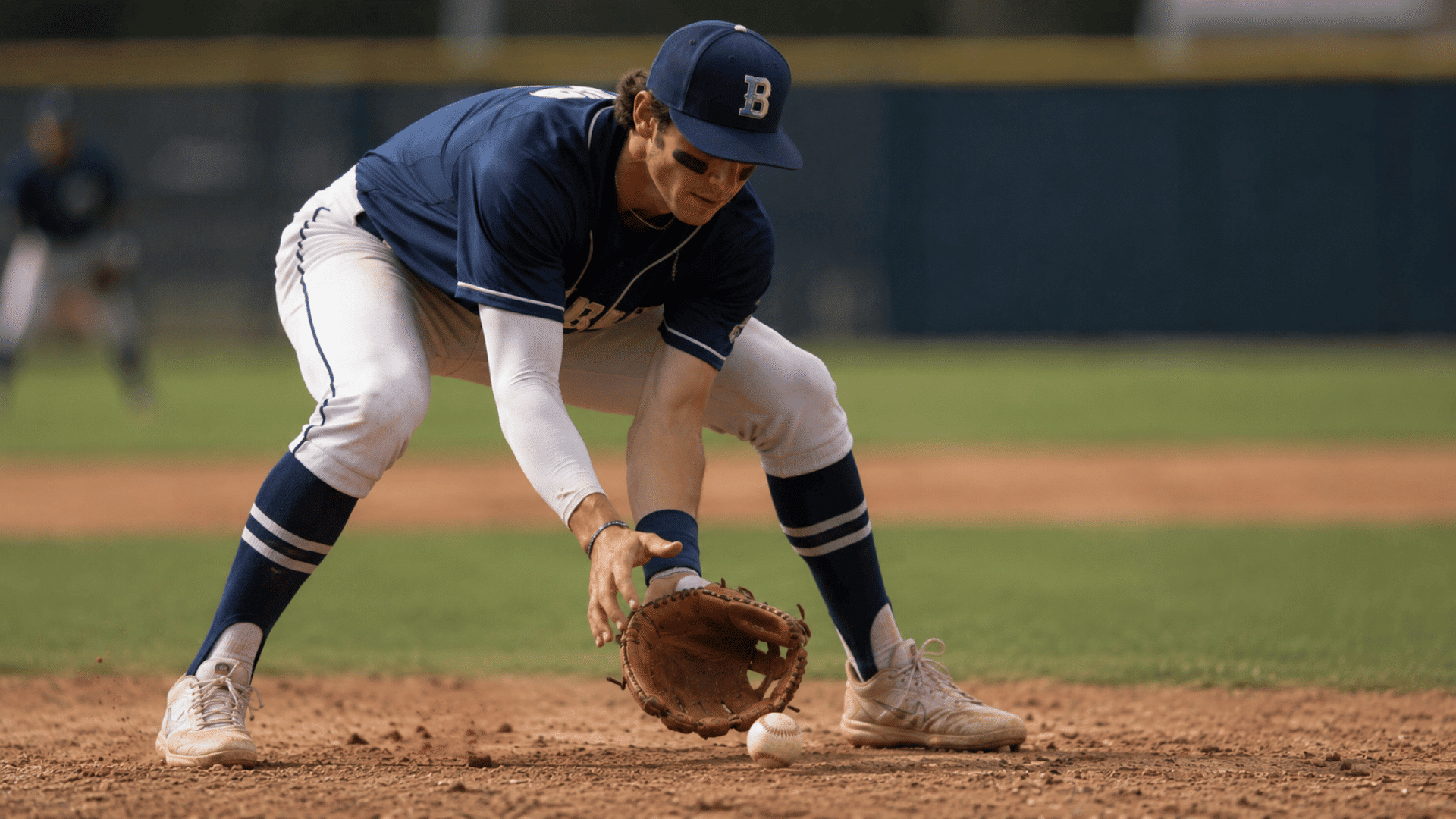 baseball player fielding a ground ball with worn leather glove on a dirt field during a live game
