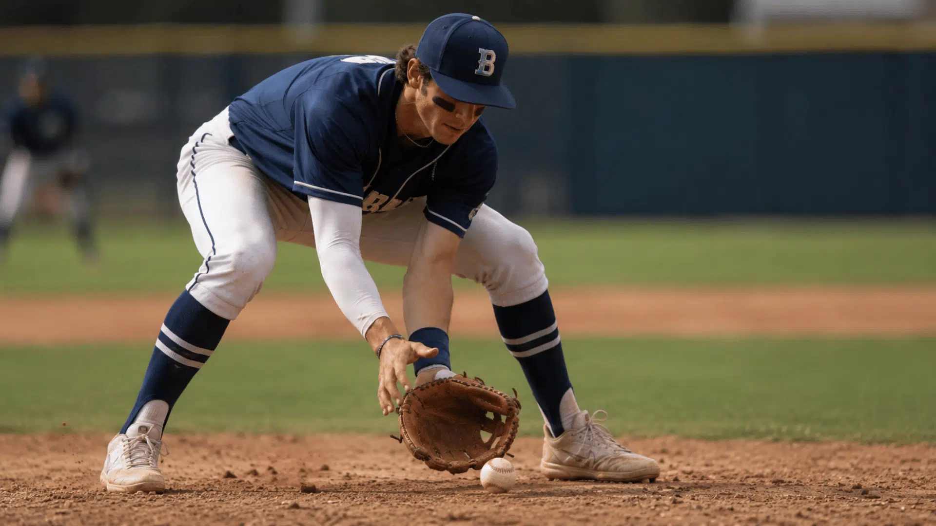 baseball player fielding a ground ball with worn leather glove on a dirt field during a live game