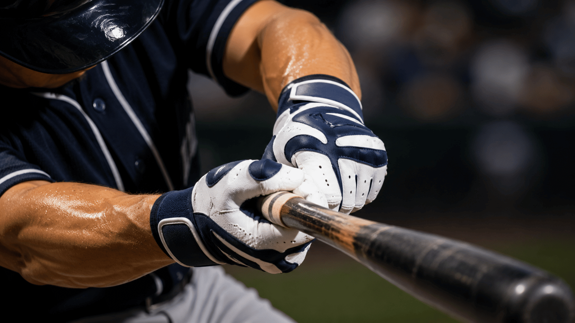 baseball player gripping bat with batting gloves during swing in stadium action scene