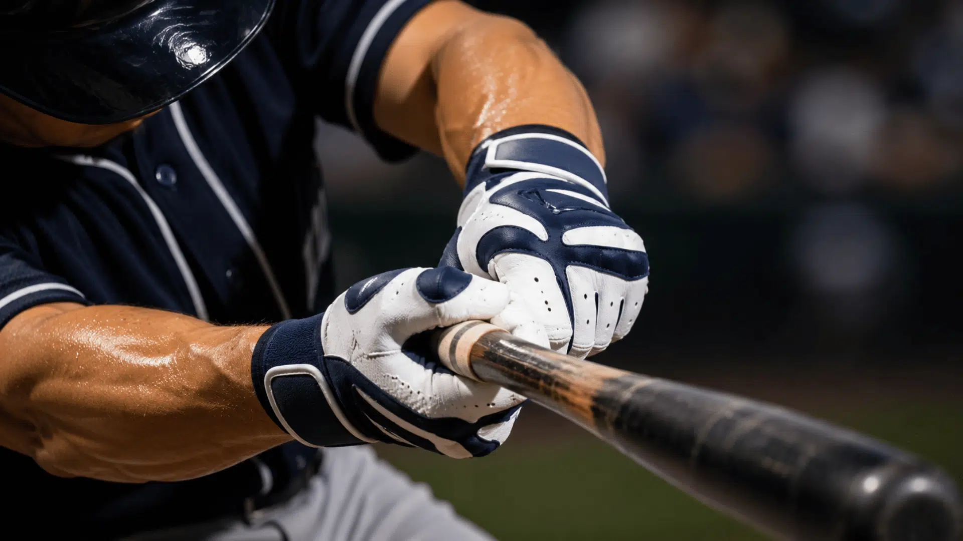 baseball player gripping bat with batting gloves during swing in stadium action scene