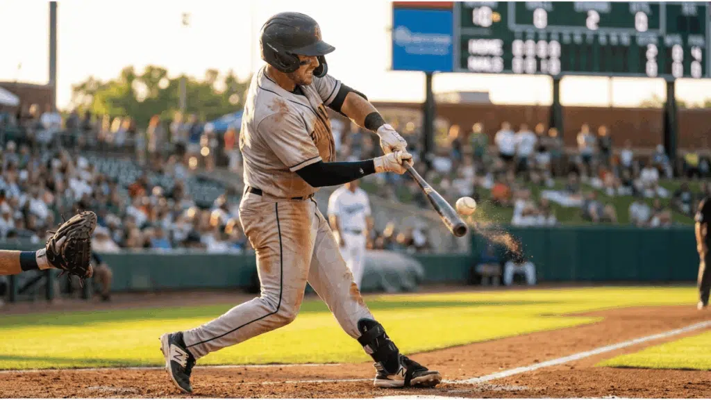 baseball player swinging bat during a live game with crowd watching from the stadium stands behind him