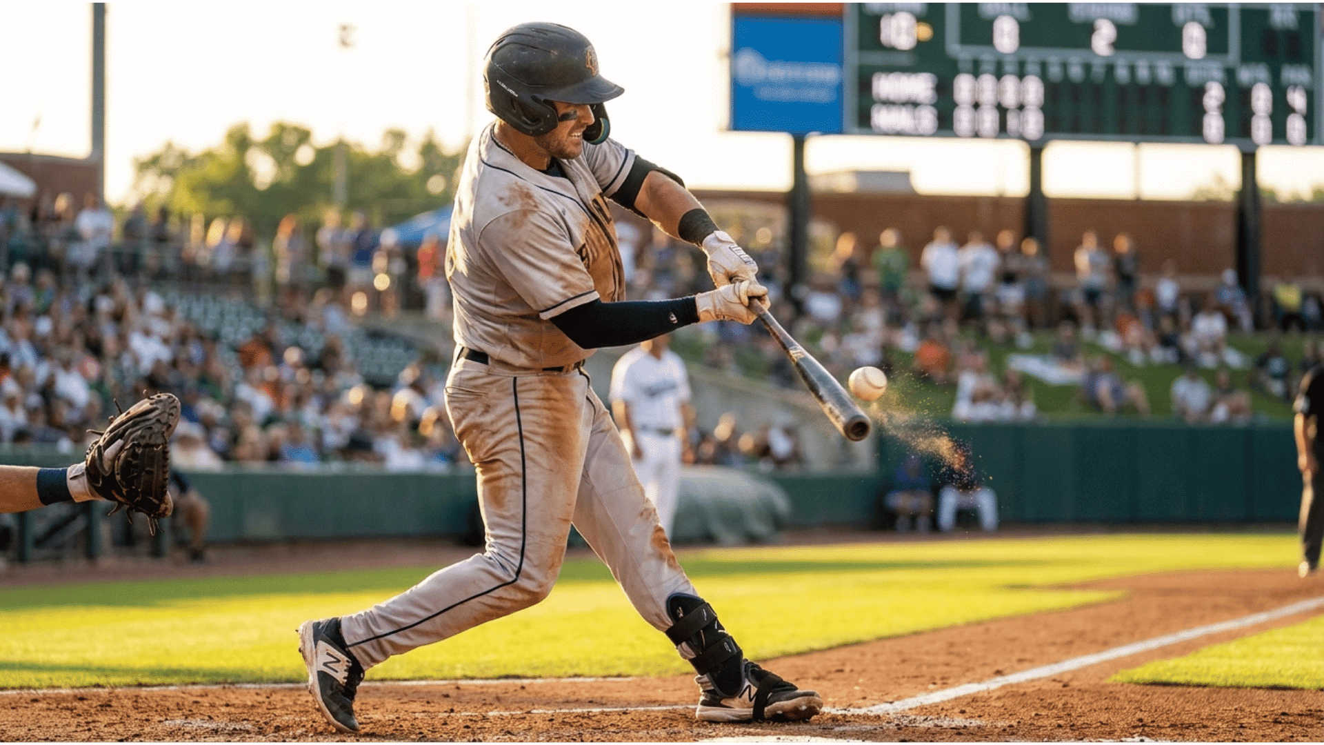 baseball player swinging bat during a live game with crowd watching from the stadium stands behind him