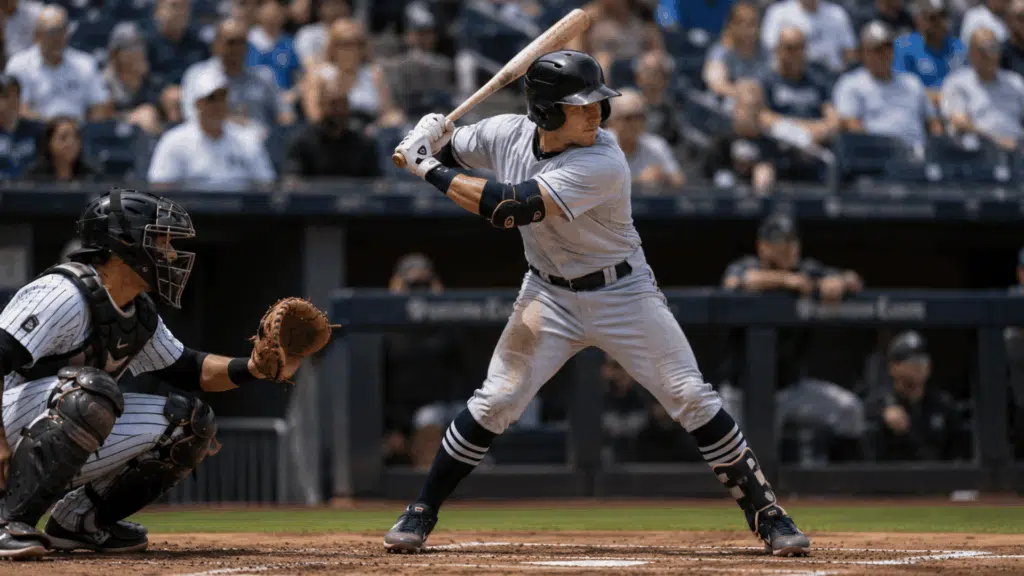 baseball player wearing full protective gear preparing to hit the ball during a live stadium game