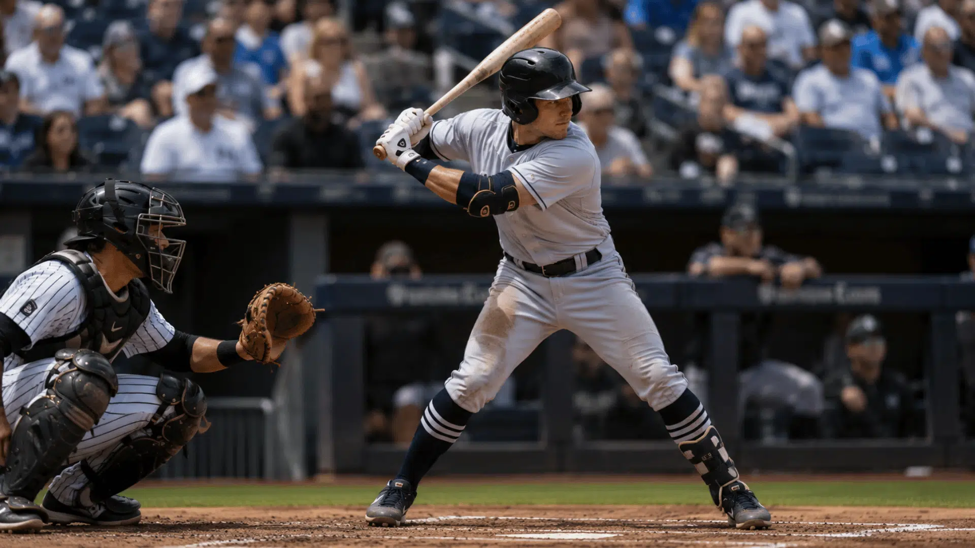 baseball player wearing full protective gear preparing to hit the ball during a live stadium game