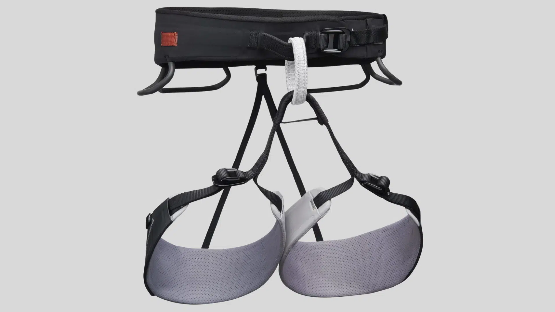 black and gray climbing harness with adjustable leg loops and waist belt for secure fit and support on a clean background