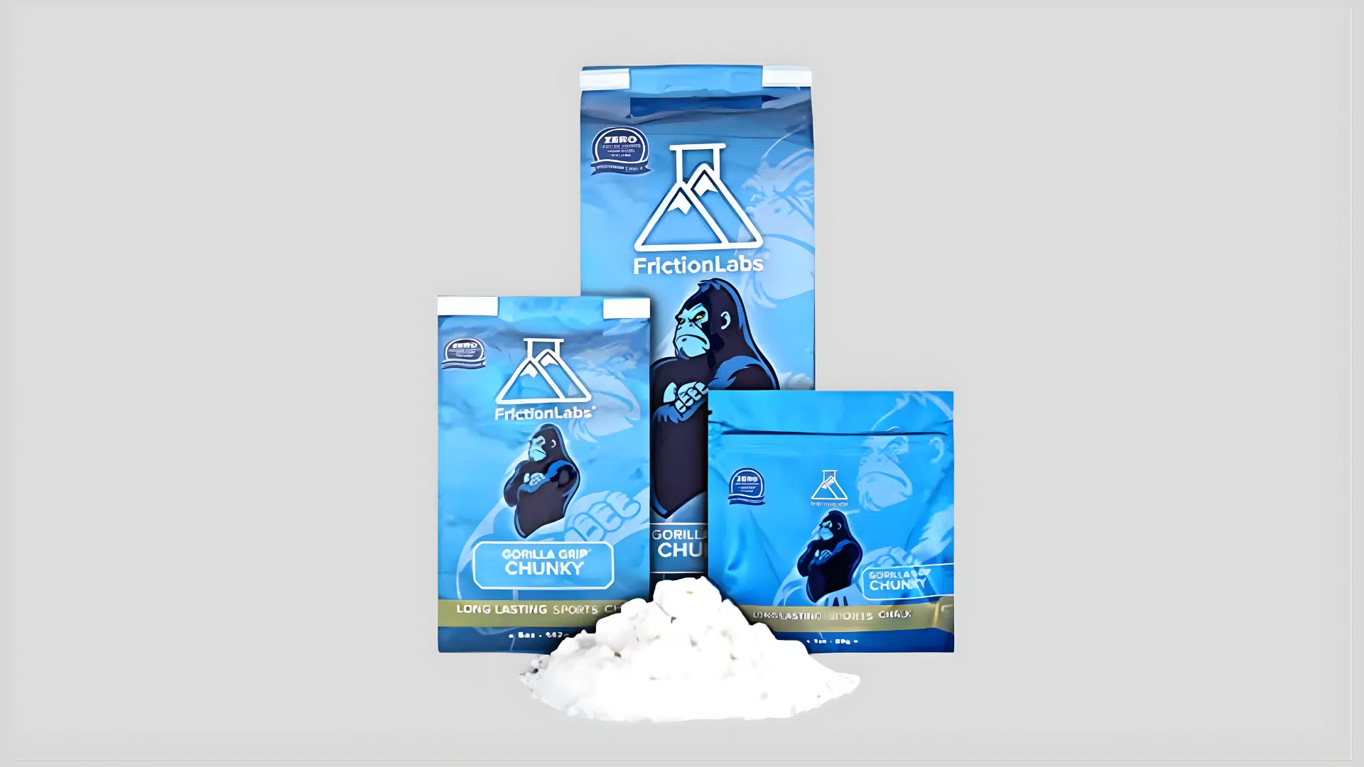 blue chalk bags and loose white climbing chalk powder for grip support on a clean background