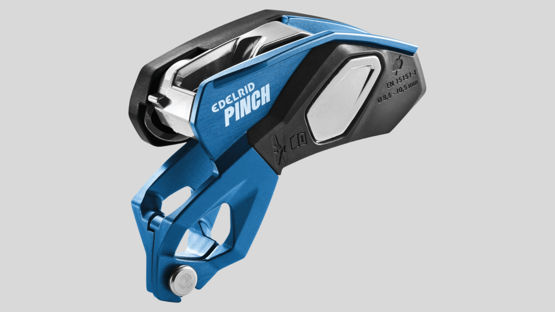 blue rope clamp belay device with metal cam and grip handle for climbing use on a clean background